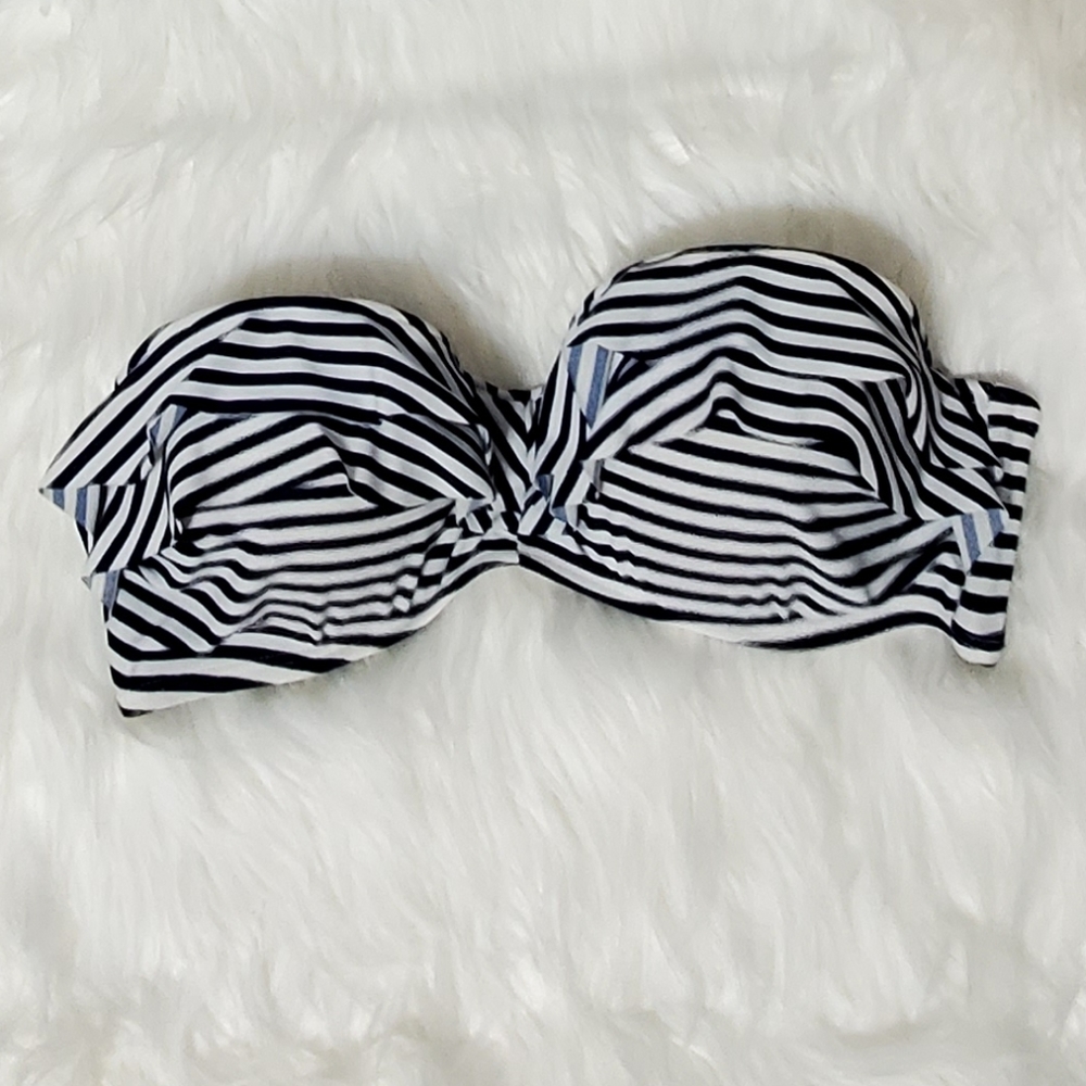 Forever21 White Striped Ruffle Strapless Swim Top